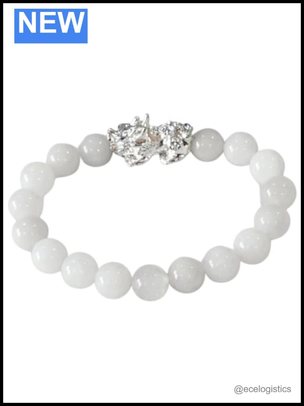 White Jade Bead Bracelet with Silver Dragon Charm Stretch